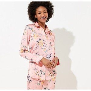 LOFT SLEEP Silky Pajama Set Size M NWT Orangy Peach Floral Blue/White Leg Trim